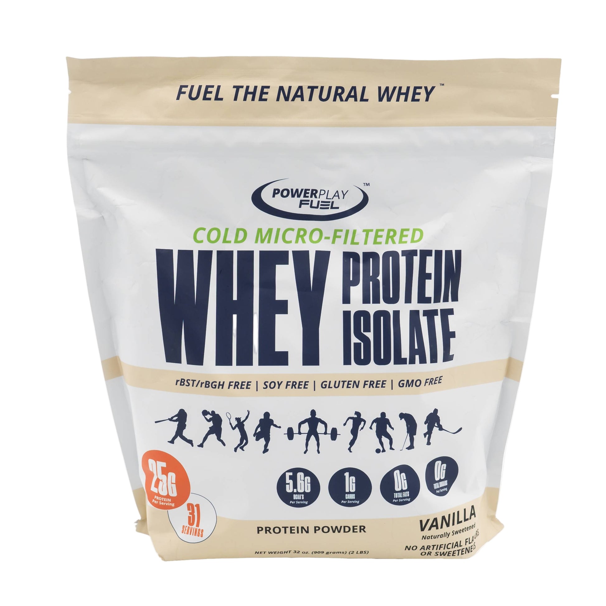 Package of Power Play Fuel whey protein isolate powder on a white background